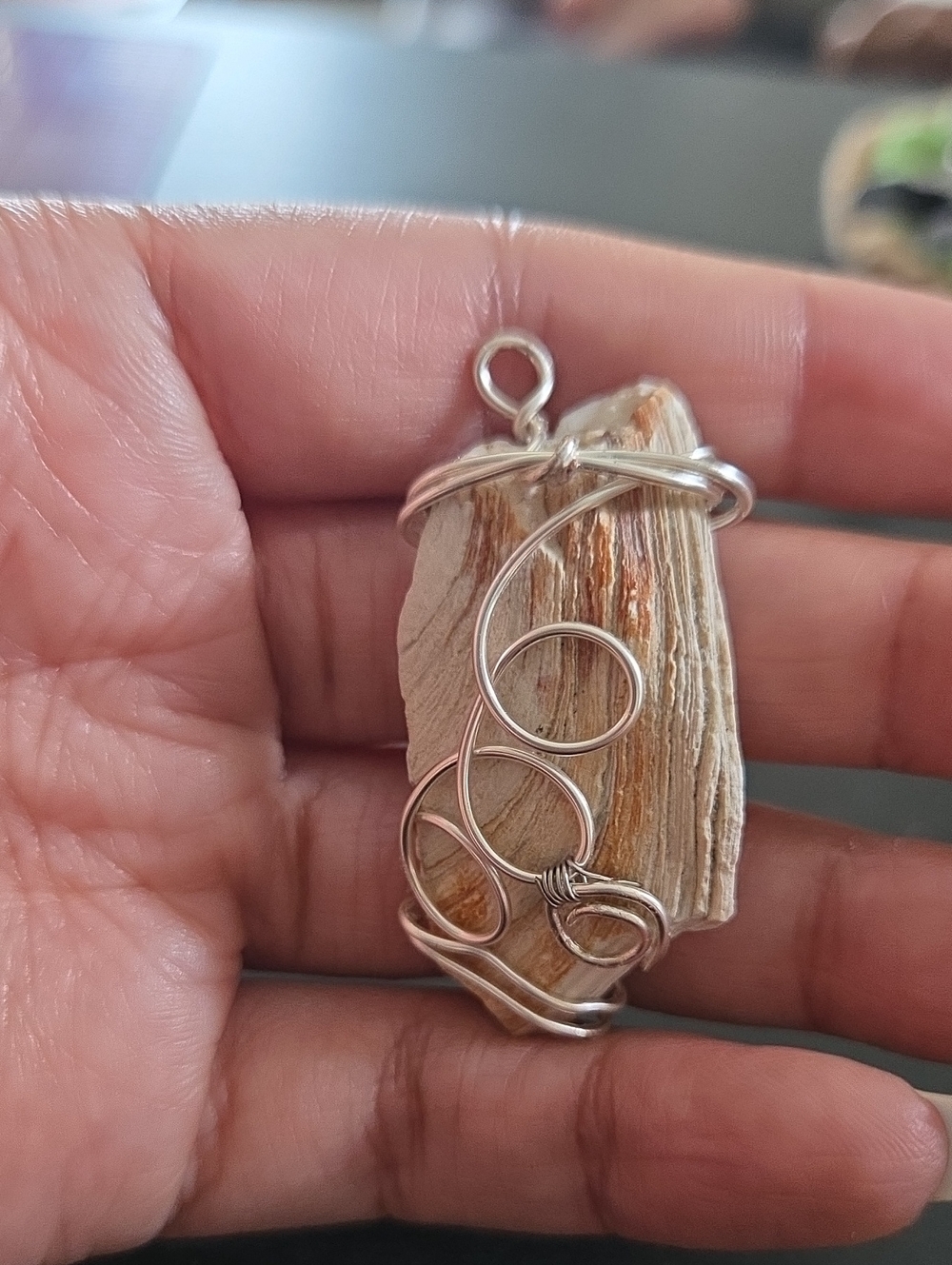 Handcrafted Silver Wire Wrapped Beige Stone Pendant - Unbranded